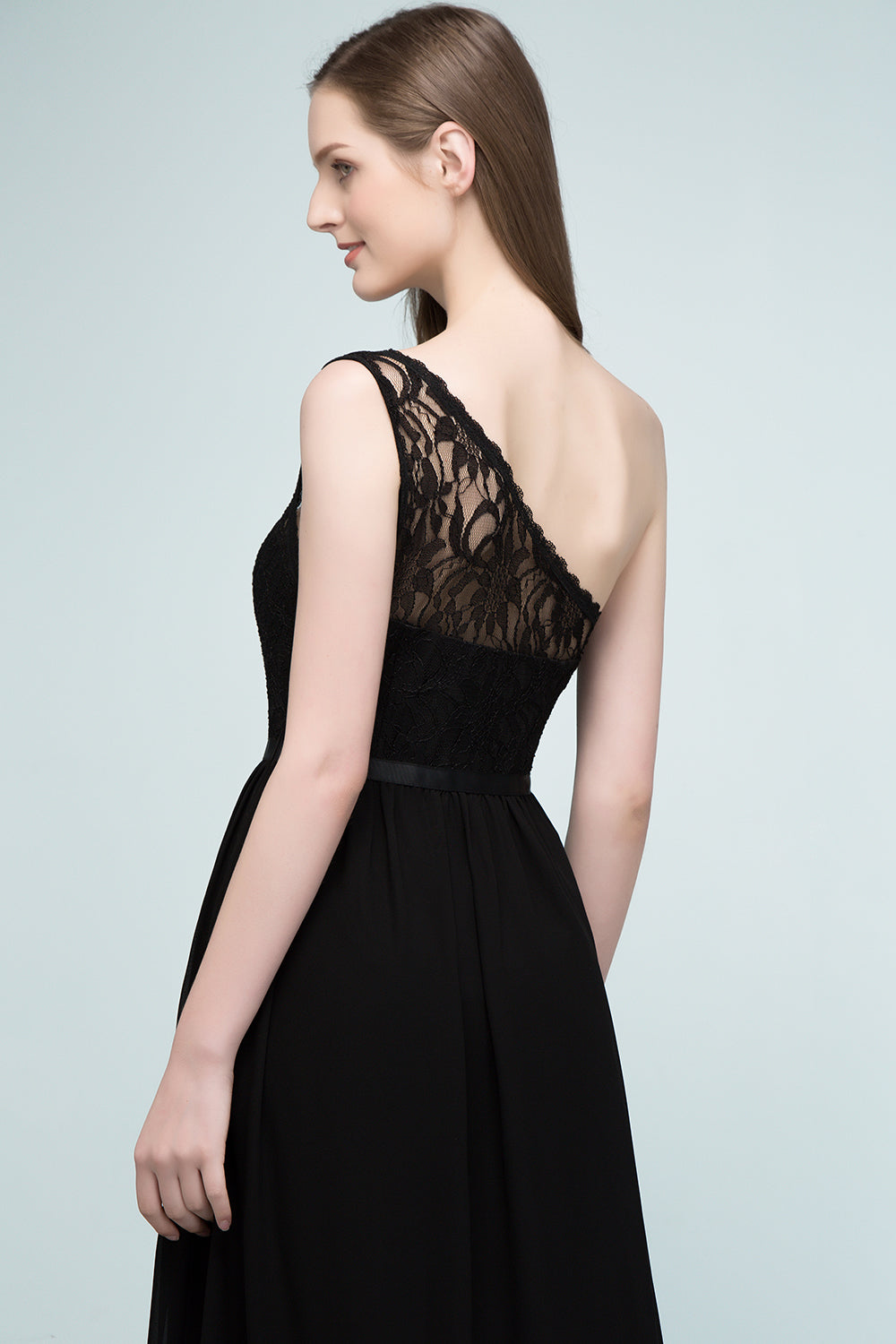 Stylish Black Chiffon One-Shoulder Lace Affordable Bridesmaid dresses