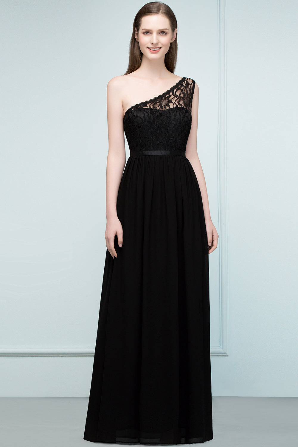 Stylish Black Chiffon One-Shoulder Lace Affordable Bridesmaid dresses