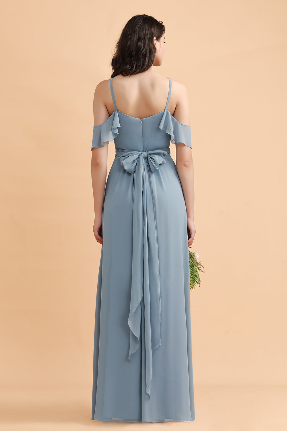 Stylish Cold-Shoulder Ruffles Chiffon Bowknot Bridesmaid Dresses with Pockets On Sale