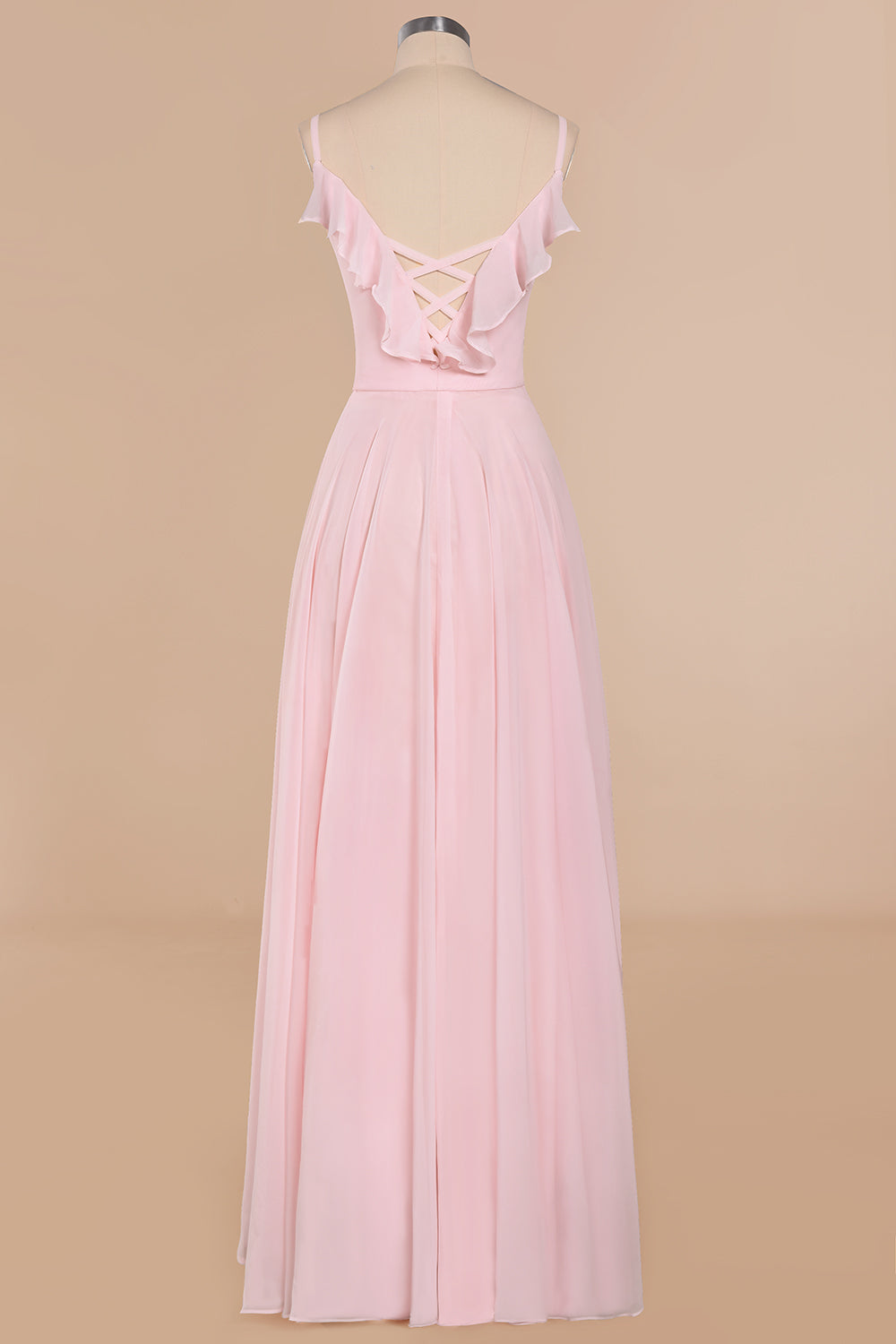 Stylish Draped V-Neck Pink Chiffon Bridesmaid Dresses with Spaghetti Straps - Fashionpara