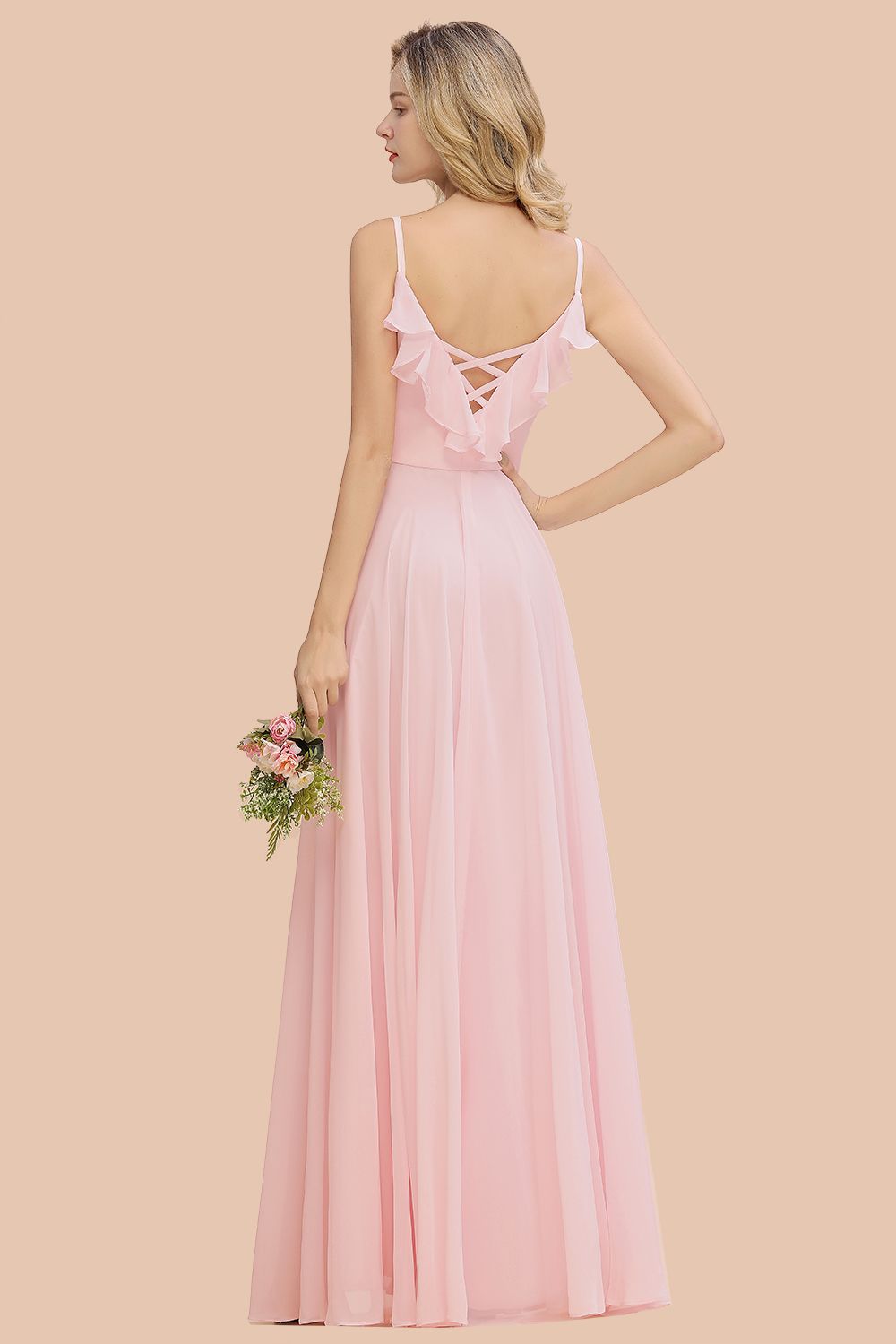 Stylish Draped V-Neck Pink Chiffon Bridesmaid Dresses with Spaghetti Straps