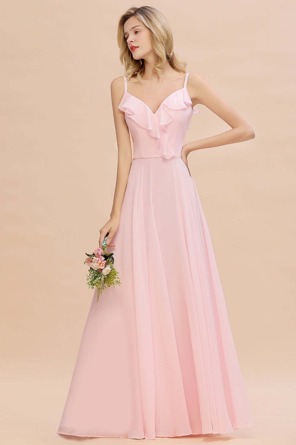 Stylish Draped V-Neck Pink Chiffon Bridesmaid Dresses with Spaghetti Straps - Fashionpara