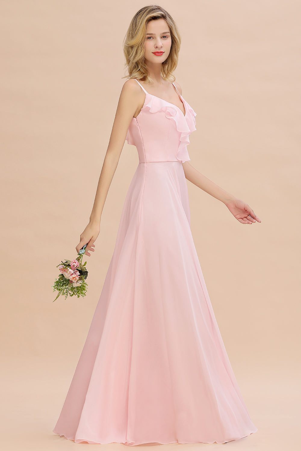 Stylish Draped V-Neck Pink Chiffon Bridesmaid Dresses with Spaghetti Straps - Fashionpara