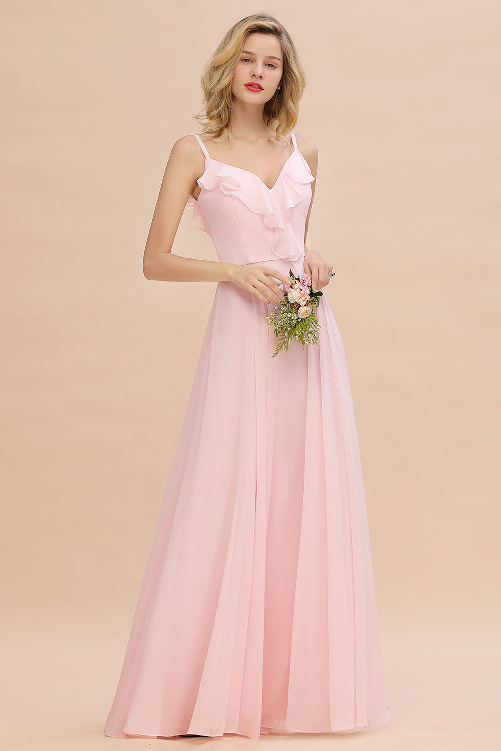 Stylish Draped V-Neck Pink Chiffon Bridesmaid Dresses with Spaghetti Straps - Fashionpara