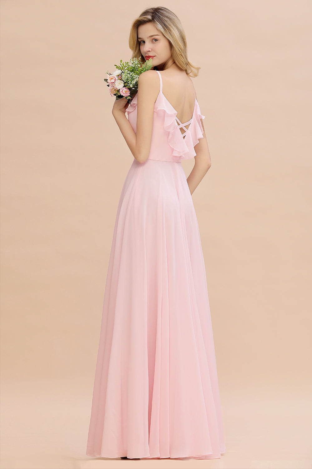 Stylish Draped V-Neck Pink Chiffon Bridesmaid Dresses with Spaghetti Straps - Fashionpara