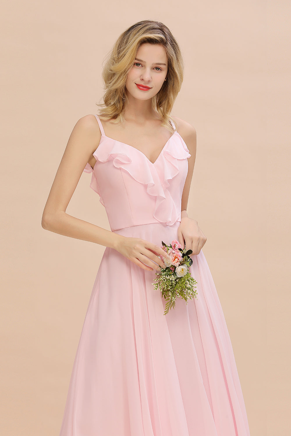 Stylish Draped V-Neck Pink Chiffon Bridesmaid Dresses with Spaghetti Straps - Fashionpara