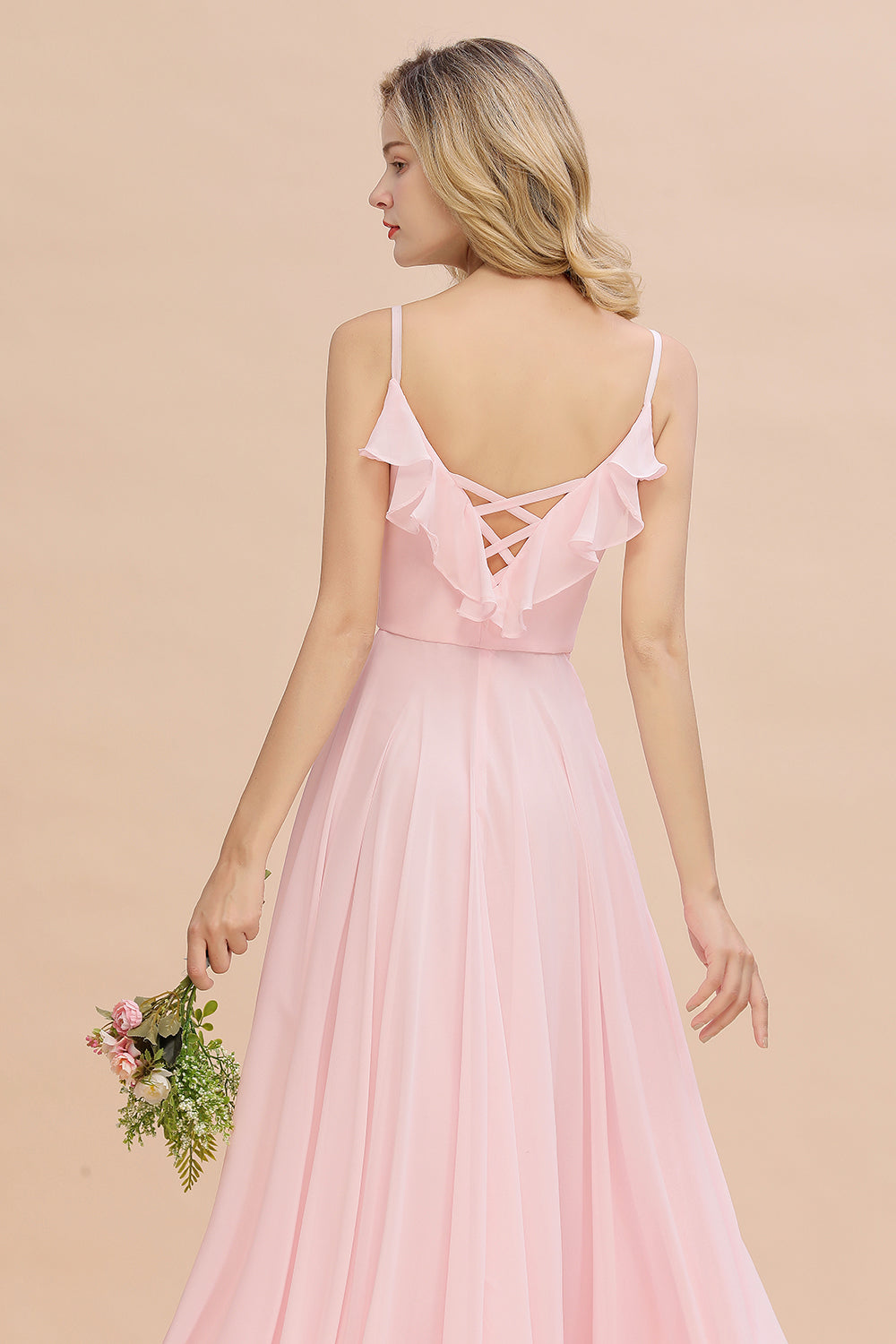 Stylish Draped V-Neck Pink Chiffon Bridesmaid Dresses with Spaghetti Straps - Fashionpara