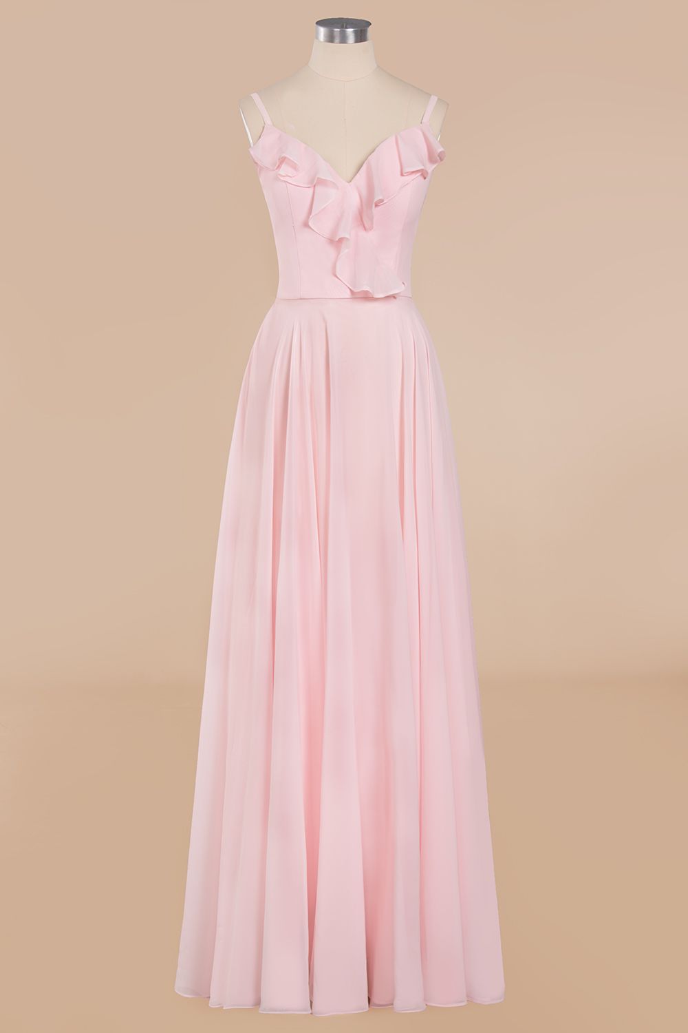 Stylish Draped V-Neck Pink Chiffon Bridesmaid Dresses with Spaghetti Straps - Fashionpara