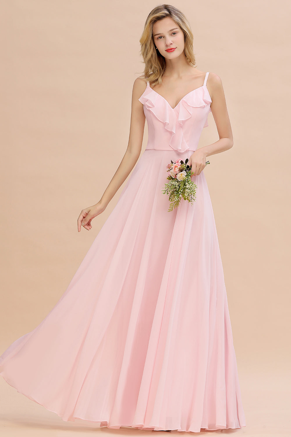 Stylish Draped V-Neck Pink Chiffon Bridesmaid Dresses with Spaghetti Straps