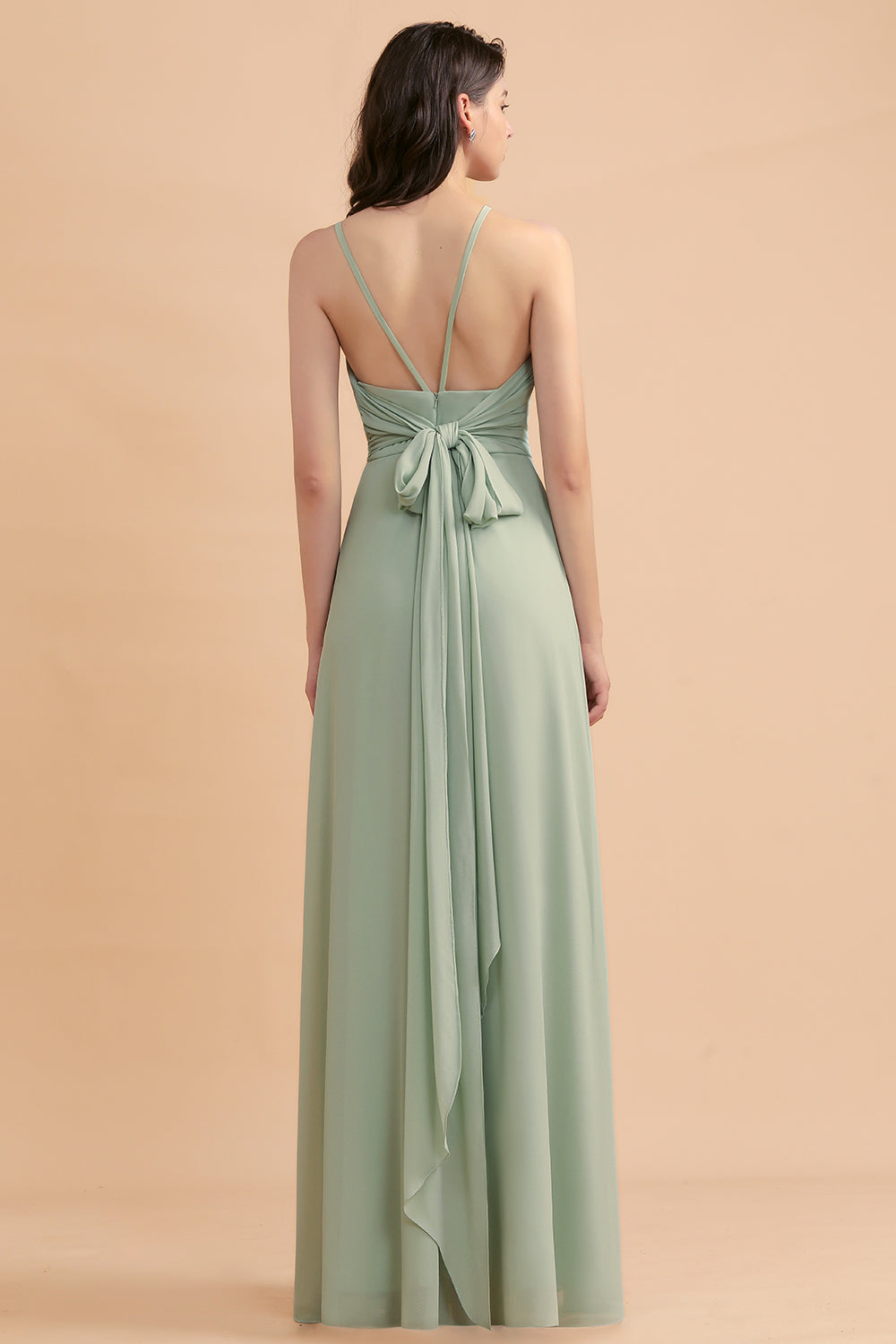 Stylish Jewel Sleeveless Dusty Sage Chiffon Bridesmaid Dresses with Ruffles