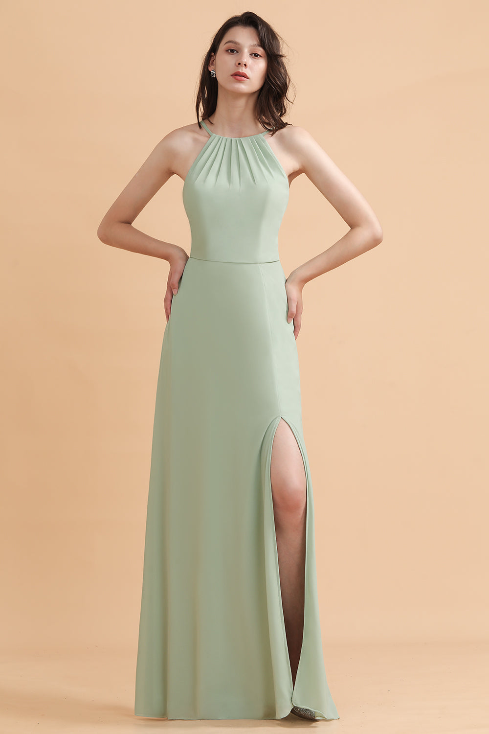 Stylish Jewel Sleeveless Dusty Sage Chiffon Bridesmaid Dresses with Ruffles - Fashionpara