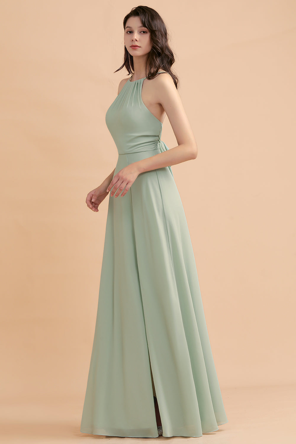 Stylish Jewel Sleeveless Dusty Sage Chiffon Bridesmaid Dresses with Ruffles - Fashionpara