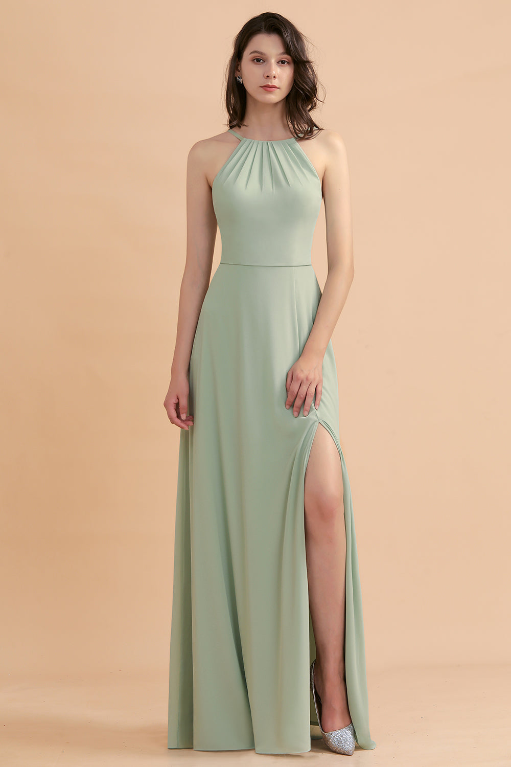 Stylish Jewel Sleeveless Dusty Sage Chiffon Bridesmaid Dresses with Ruffles