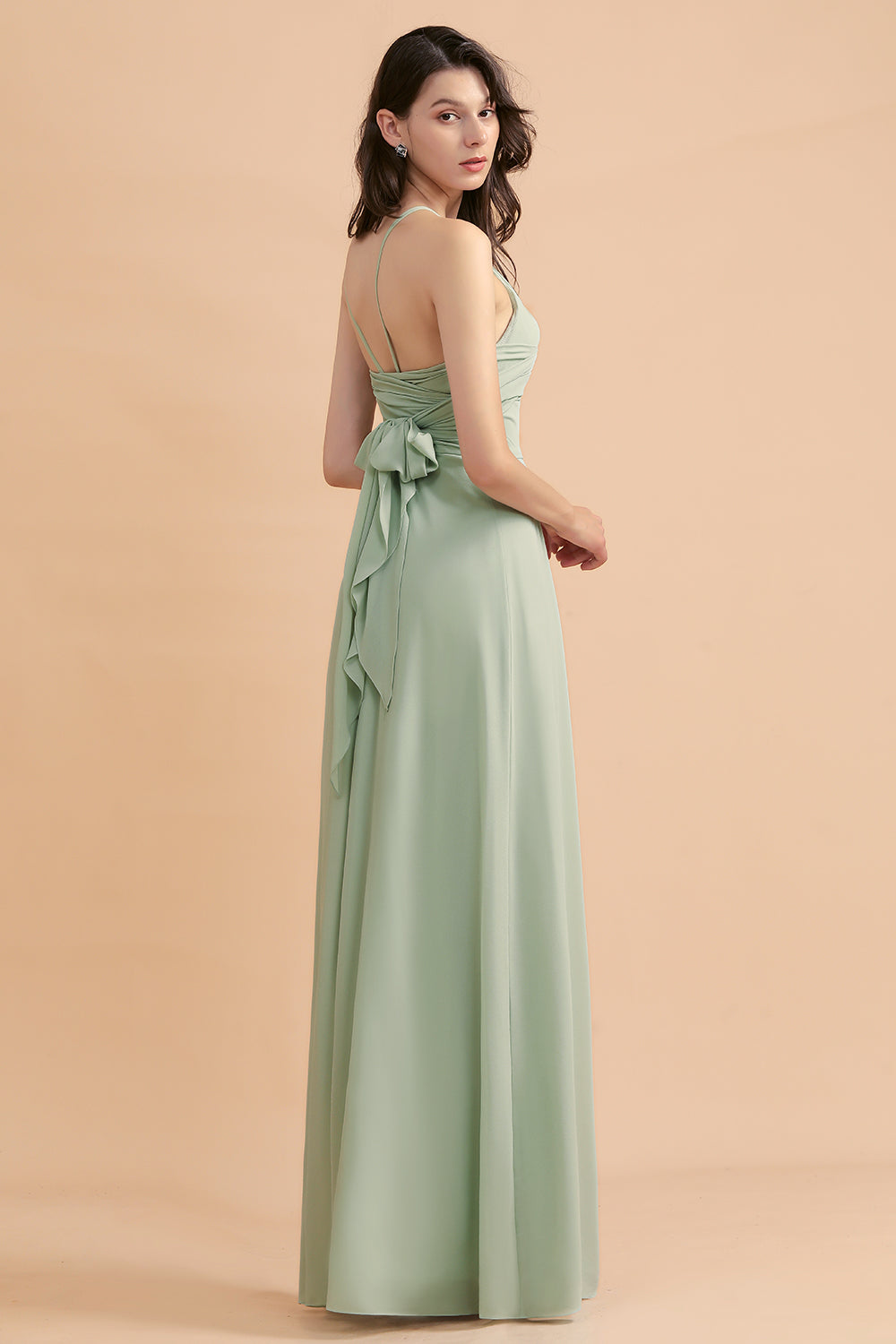 Stylish Jewel Sleeveless Dusty Sage Chiffon Bridesmaid Dresses with Ruffles - Fashionpara