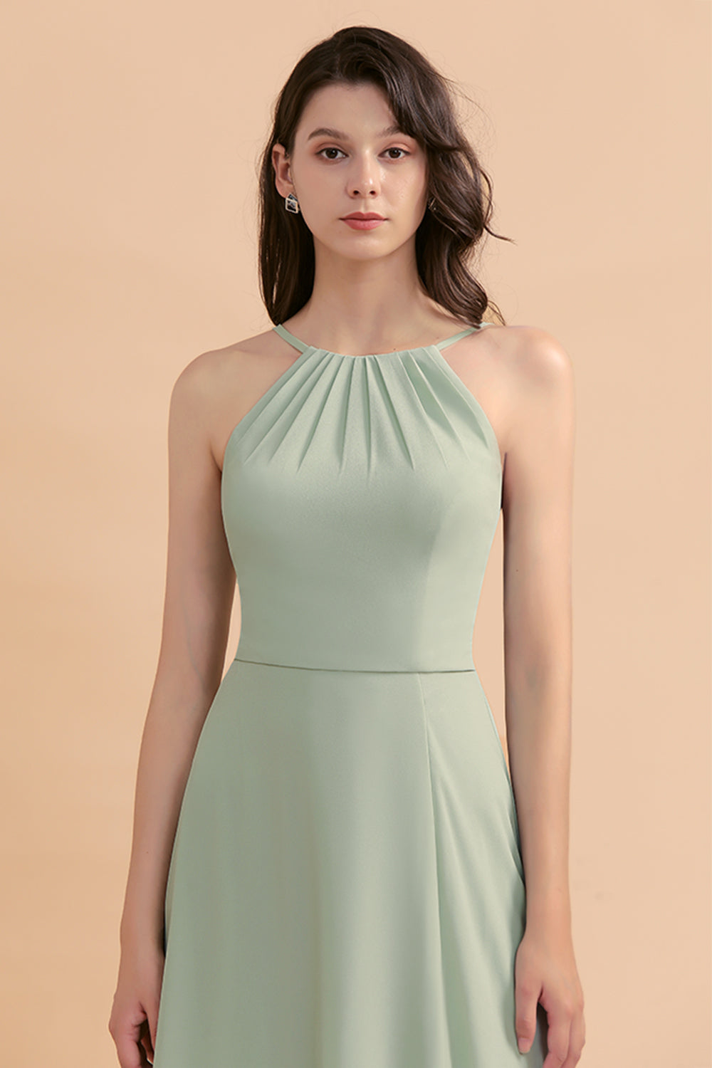 Stylish Jewel Sleeveless Dusty Sage Chiffon Bridesmaid Dresses with Ruffles - Fashionpara