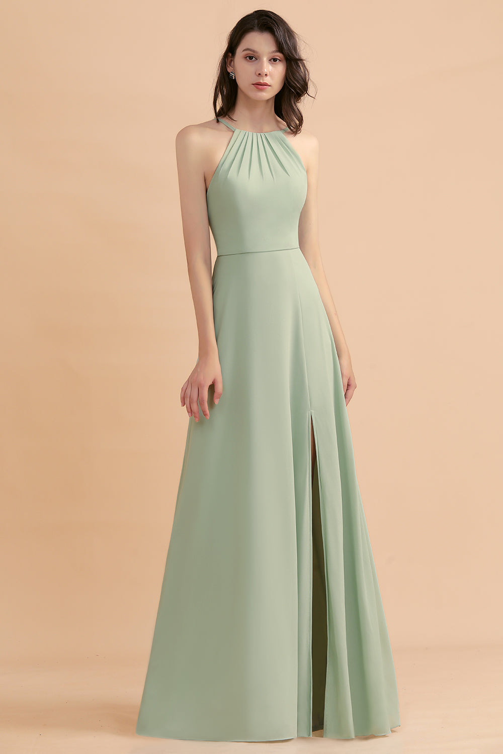 Stylish Jewel Sleeveless Dusty Sage Chiffon Bridesmaid Dresses with Ruffles - Fashionpara