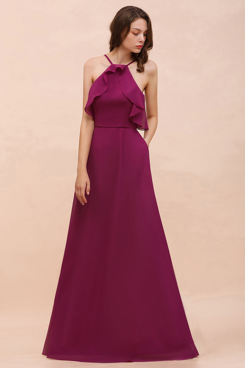 Stylish Spaghetti Straps Mulberry Chiffon Bridesmaid Dresses with Ruffles