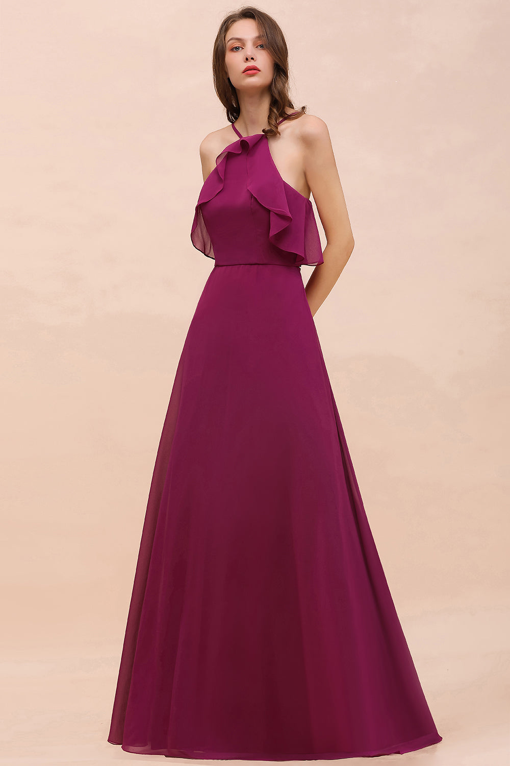 Stylish Spaghetti Straps Mulberry Chiffon Bridesmaid Dresses with Ruffles