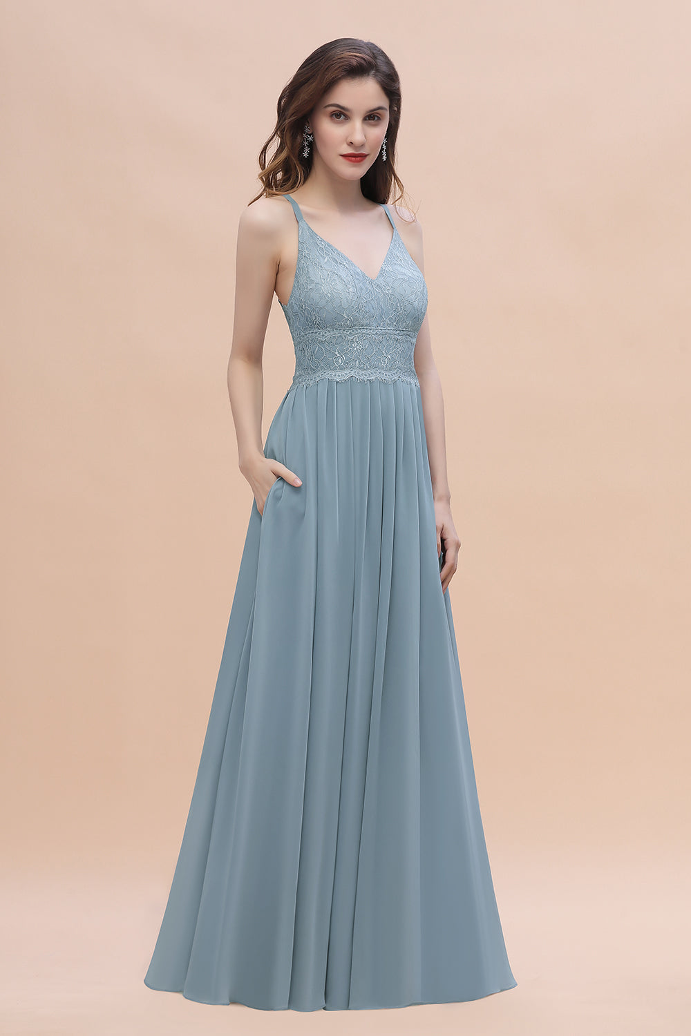 Stylish Straps V-Neck Chiffon Lace Dusty Blue Bridesmaid Dresses On Sale