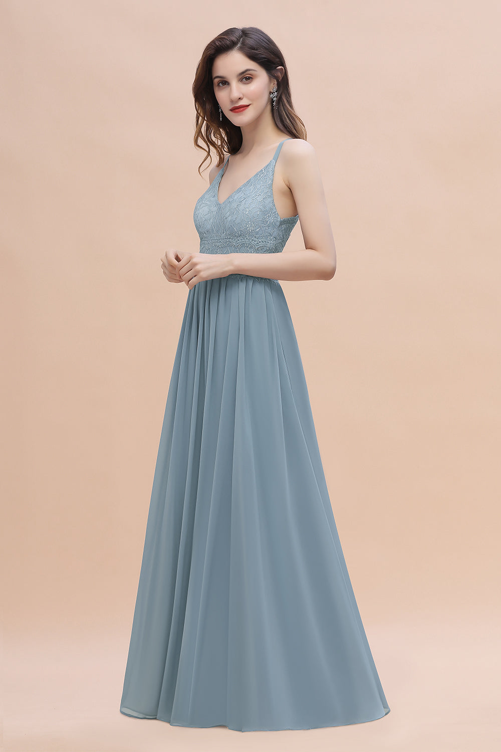 Stylish Straps V-Neck Chiffon Lace Dusty Blue Bridesmaid Dresses On Sale