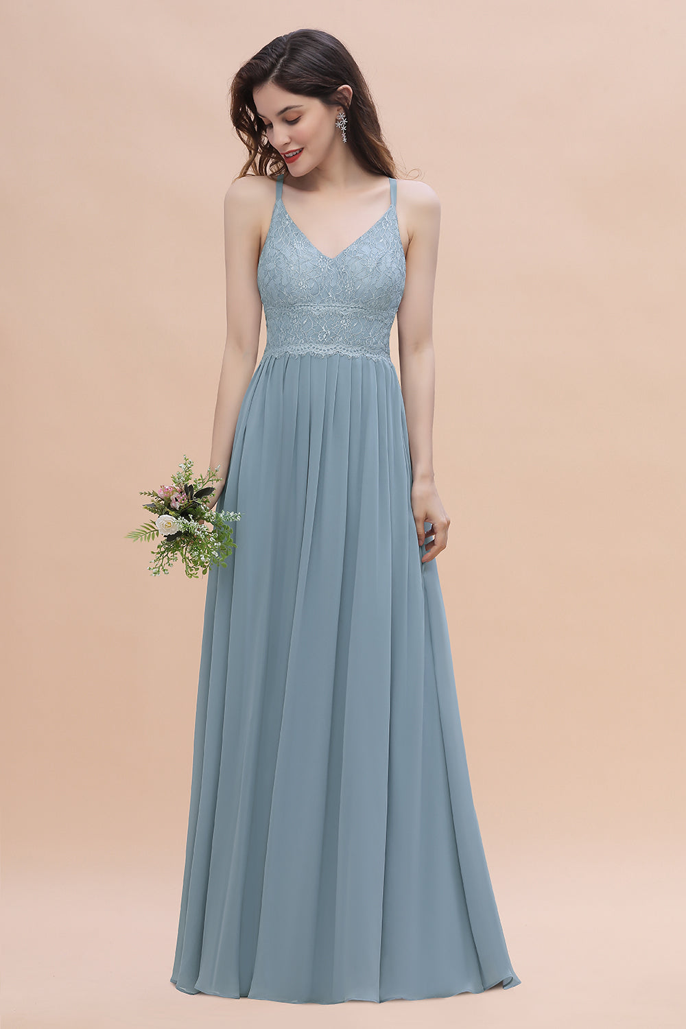 Stylish Straps V-Neck Chiffon Lace Dusty Blue Bridesmaid Dresses On Sale