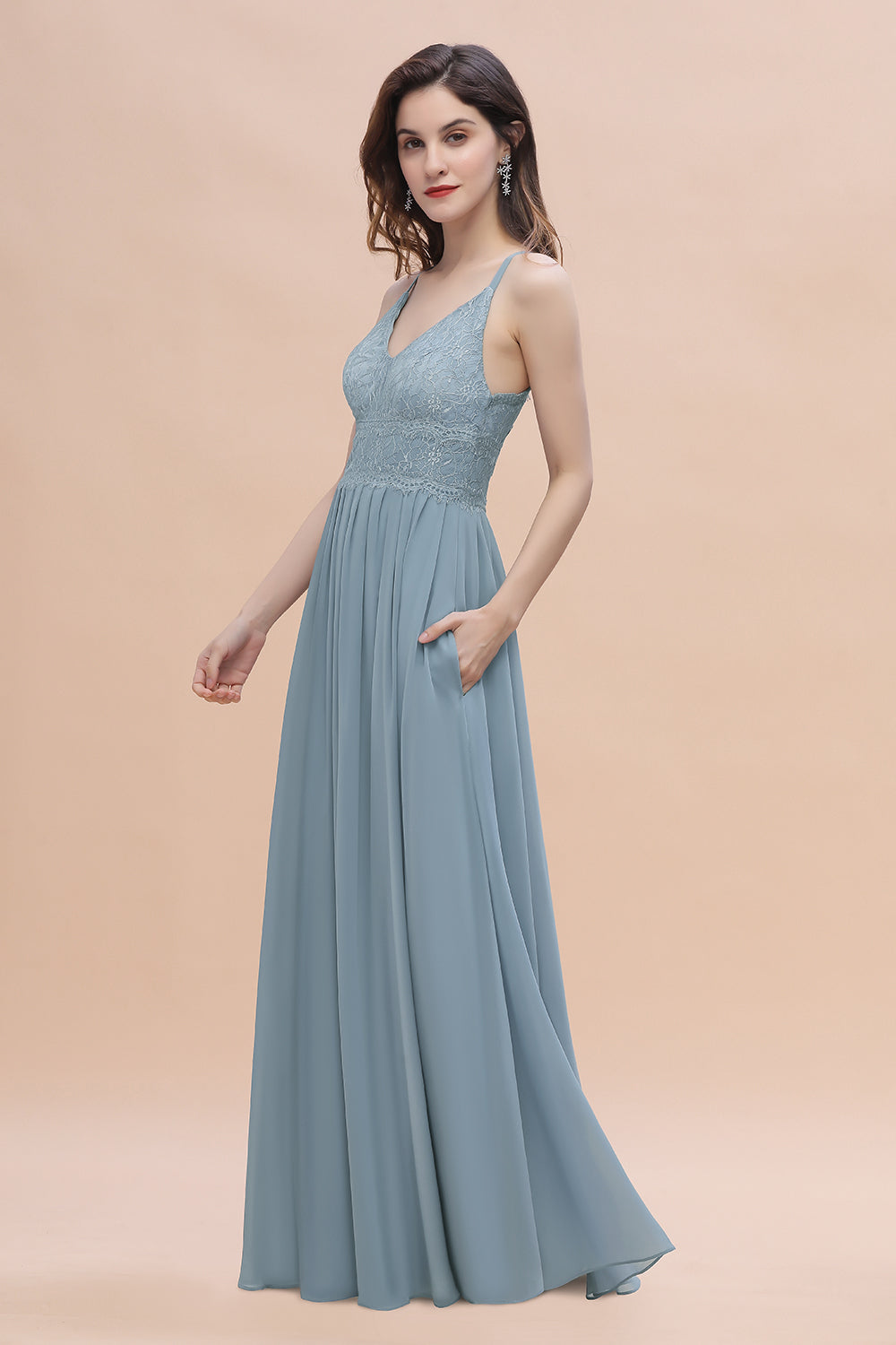 Stylish Straps V-Neck Chiffon Lace Dusty Blue Bridesmaid Dresses On Sale