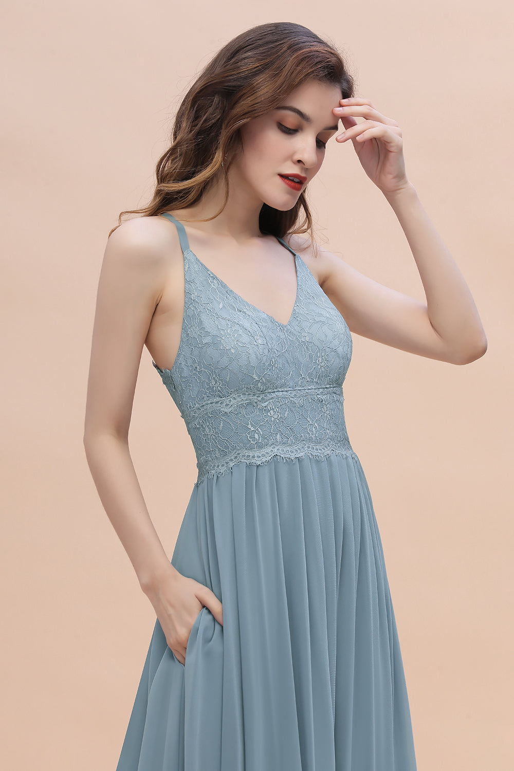 Stylish Straps V-Neck Chiffon Lace Dusty Blue Bridesmaid Dresses On Sale