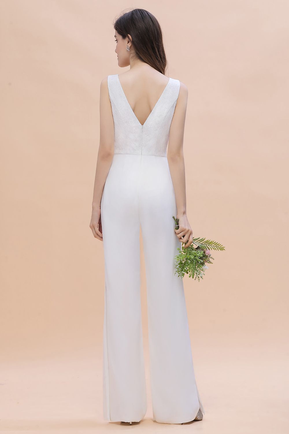 Stylish V-neck Sleeveless White Lace Bridesmaid Jumpsuit