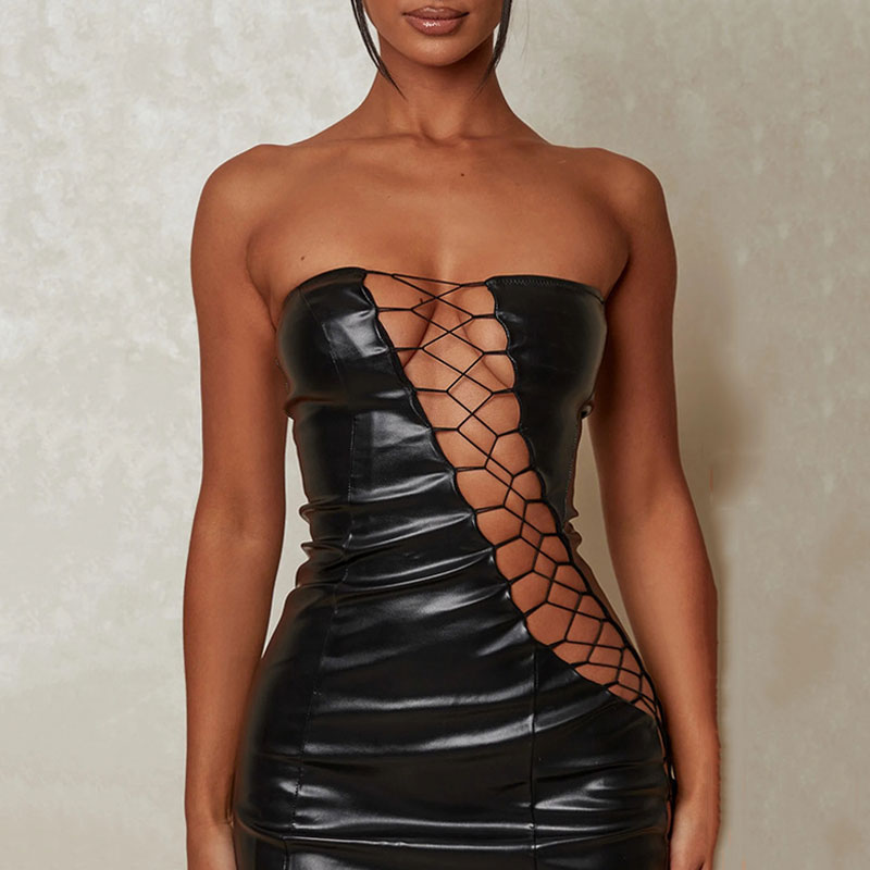 Strapless Lace Up Cut Out Bodycon Club Mini Dress - Black