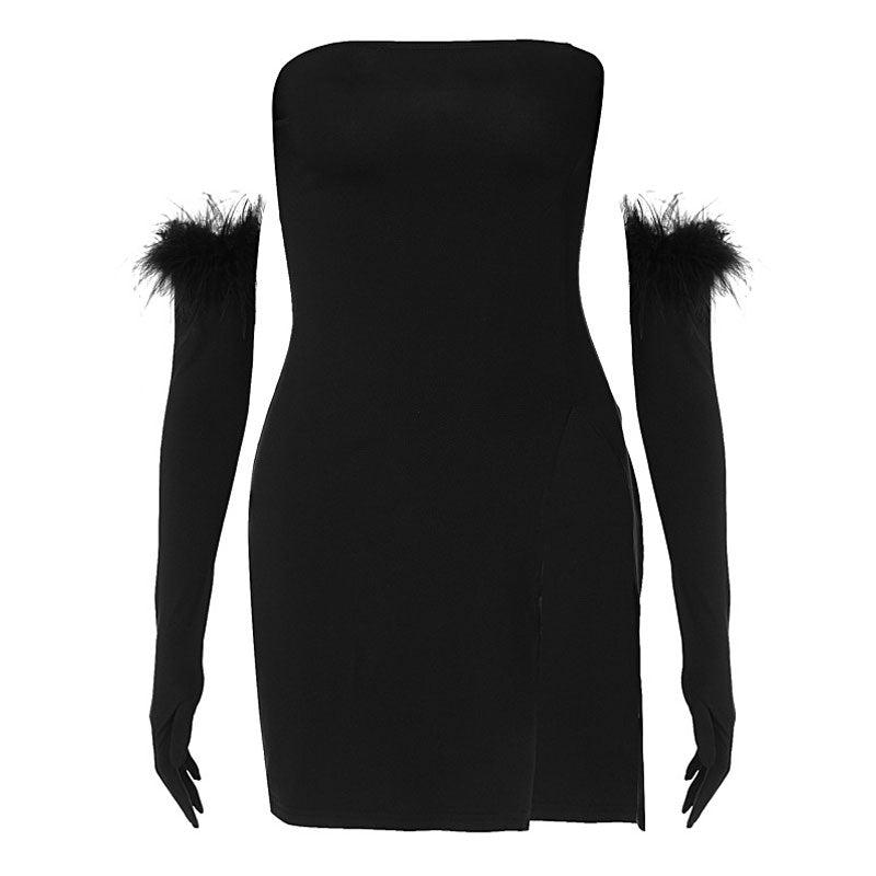 Feather Glove Strapless Party Mini Dress - Black