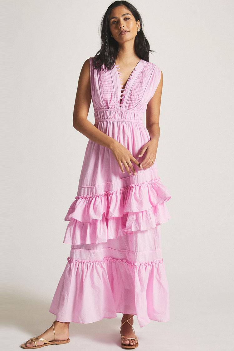 Swingy Buttoned Sleeveless Beach Vacation Ruffle Tiered Maxi Sundress - Pink - Fashionpara