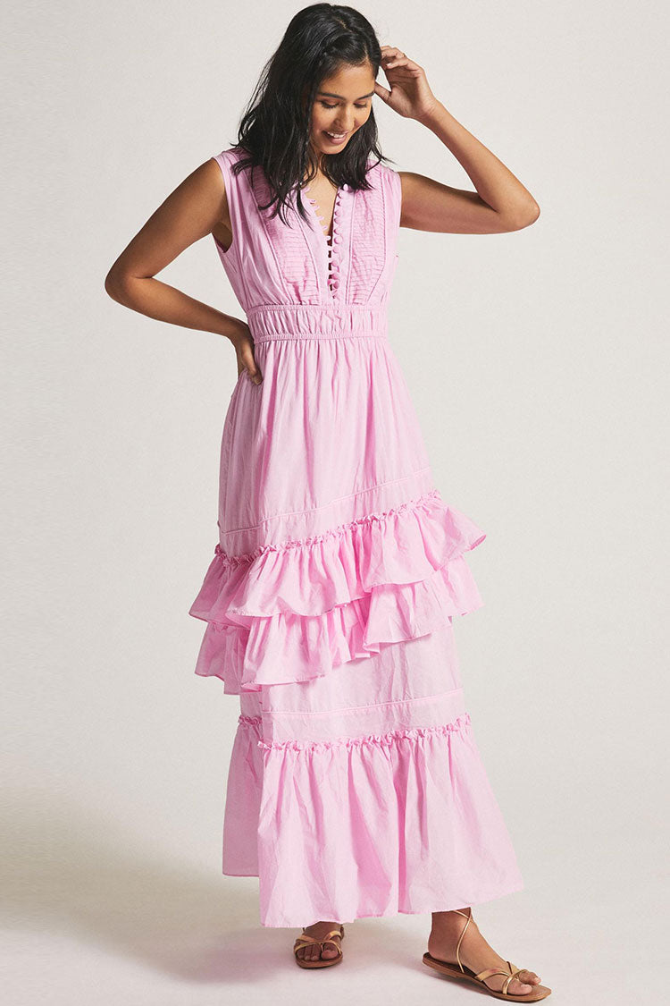 Swingy Buttoned Sleeveless Beach Vacation Ruffle Tiered Maxi Sundress - Pink - Fashionpara