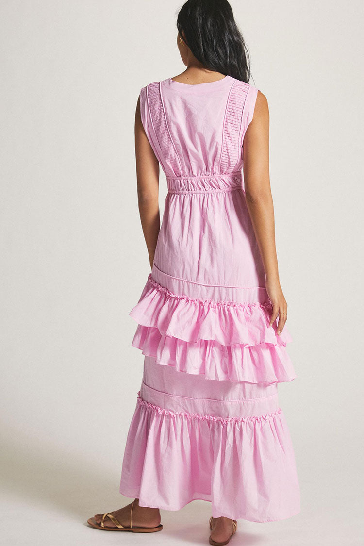 Swingy Buttoned Sleeveless Beach Vacation Ruffle Tiered Maxi Sundress - Pink - Fashionpara