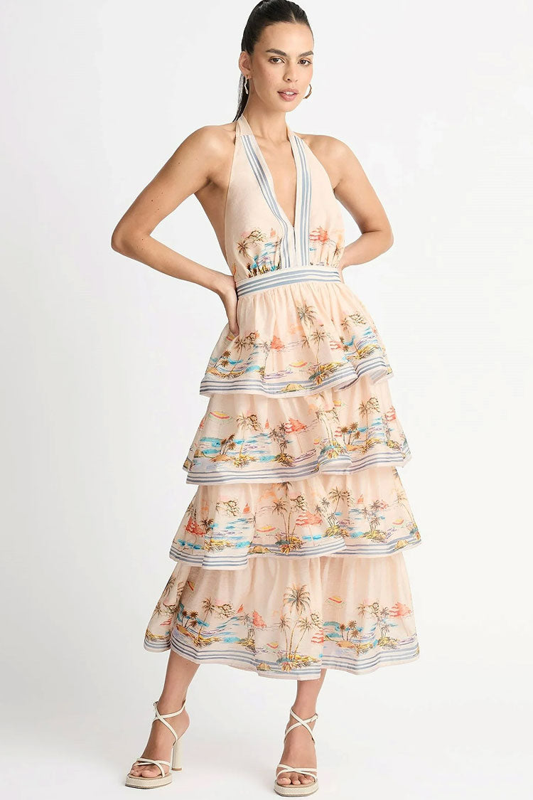 Swingy Halter V Neck Beach Vacation Printed Ruffle Tiered Midi Sundress - Cream - Fashionpara