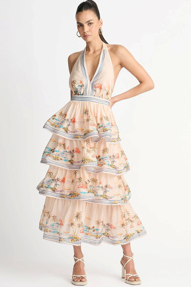 Swingy Halter V Neck Beach Vacation Printed Ruffle Tiered Midi Sundress - Cream - Fashionpara