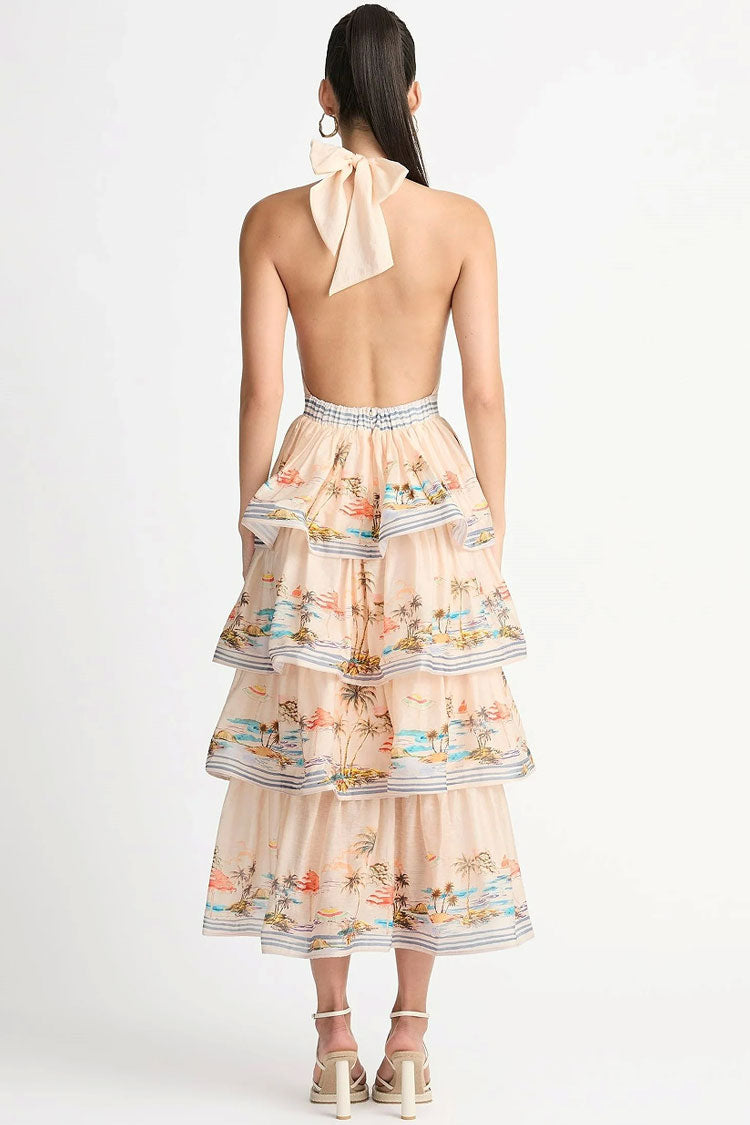 Swingy Halter V Neck Beach Vacation Printed Ruffle Tiered Midi Sundress - Cream - Fashionpara