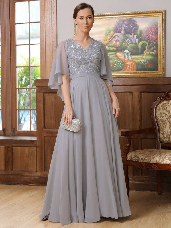 A-Line/Princess Chiffon Applique V-neck 1/2 Sleeves Floor-Length Mother of the Bride Dresses