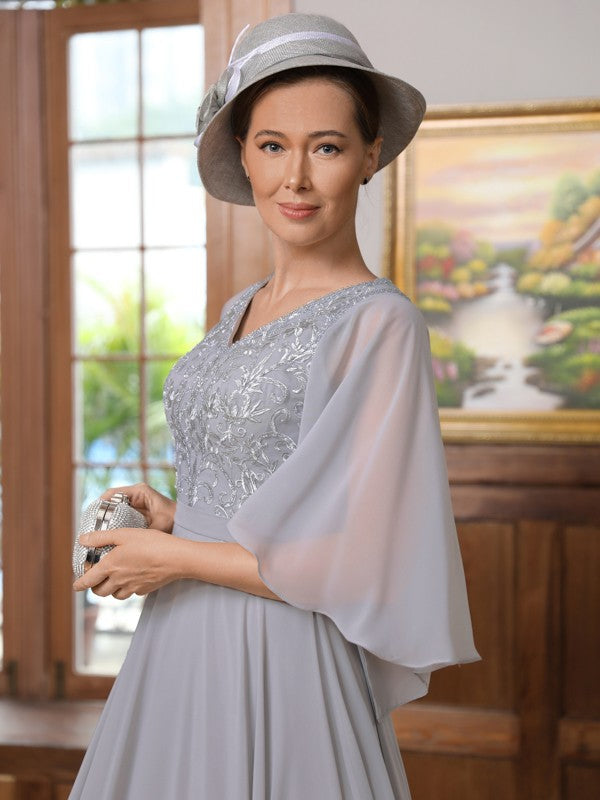 A-Line/Princess Chiffon Applique V-neck 1/2 Sleeves Floor-Length Mother of the Bride Dresses