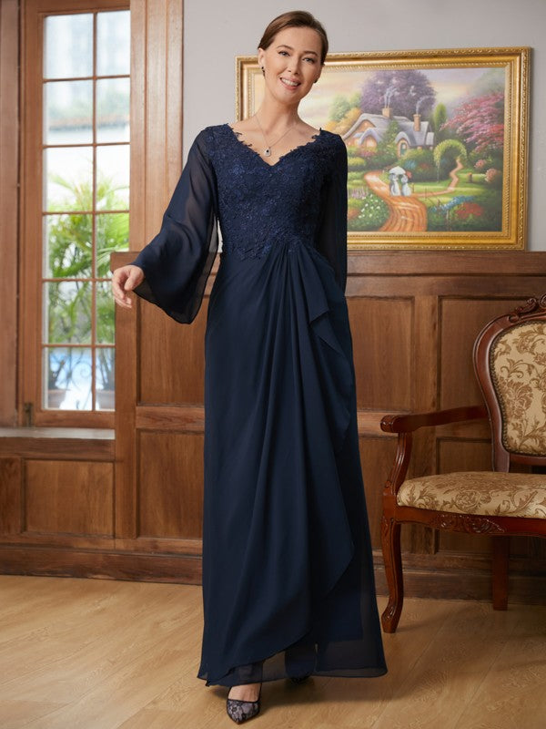 A-Line/Princess Chiffon Applique V-neck Long Sleeves Floor-Length Mother of the Bride Dresses