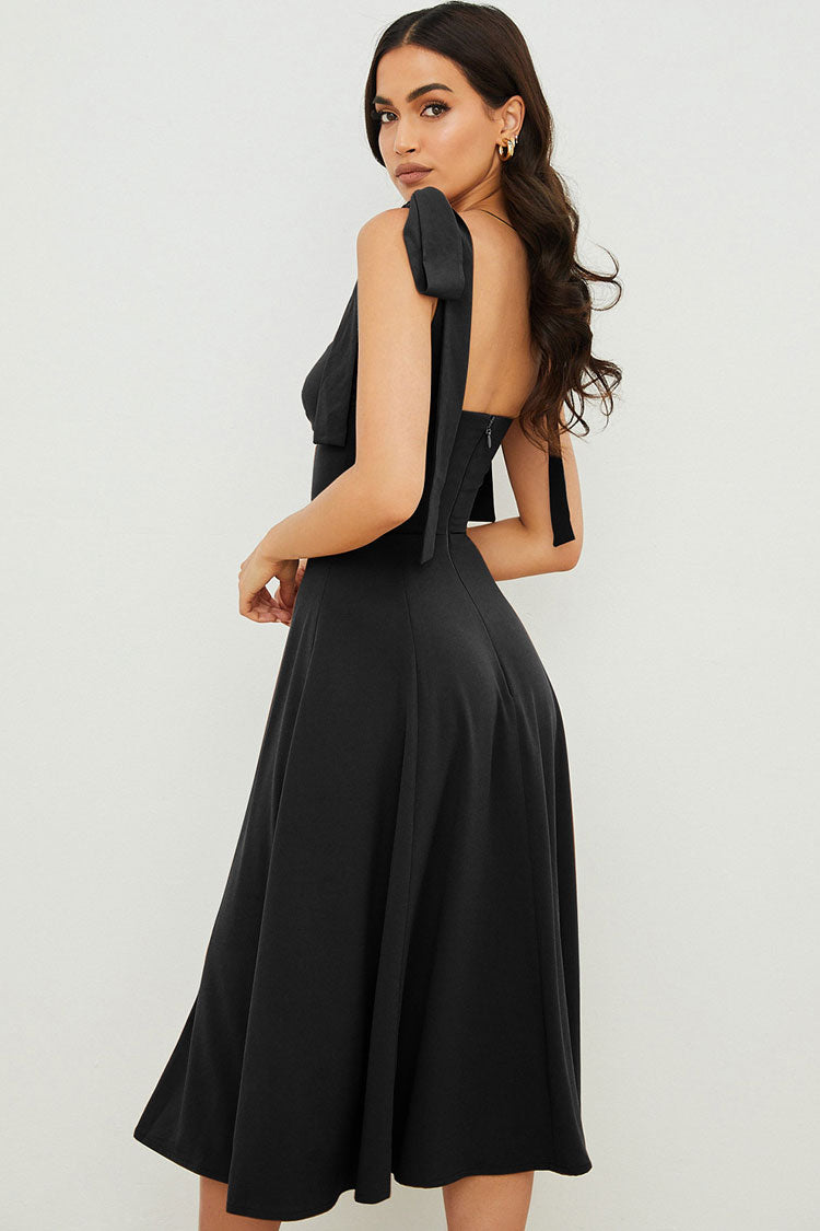 Tie Strap Fit & Flare High Slit Slip Midi Dress - Black - Fashionpara