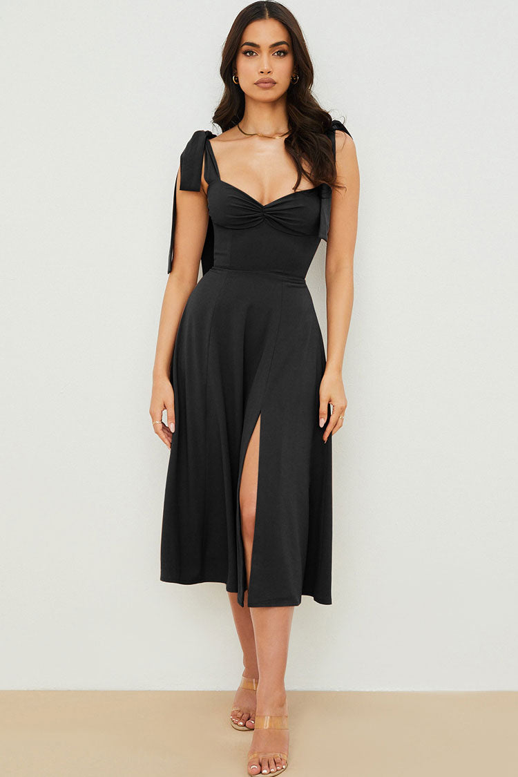 Tie Strap Fit & Flare High Slit Slip Midi Dress - Black - Fashionpara