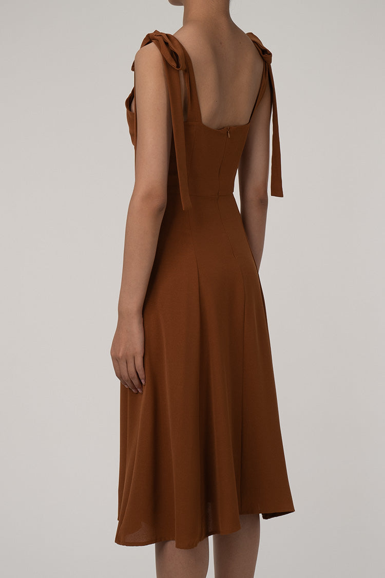 Tie Strap Fit & Flare High Slit Slip Midi Dress - Chocolate - Fashionpara