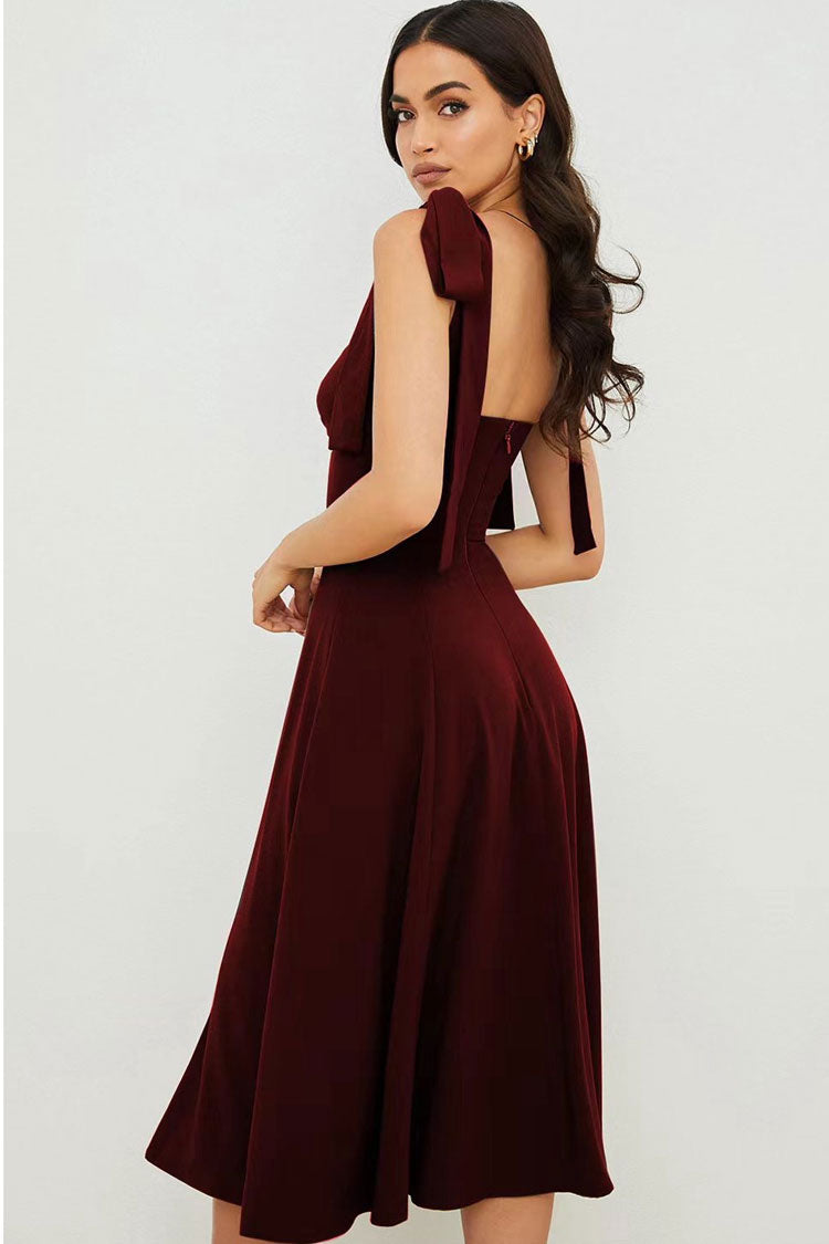 Tie Strap Fit & Flare High Slit Slip Midi Dress - Dark Wine - Fashionpara