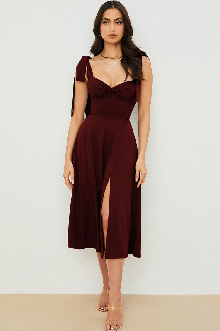 Tie Strap Fit & Flare High Slit Slip Midi Dress - Dark Wine - Fashionpara