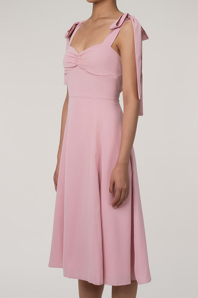 Tie Strap Fit & Flare High Slit Slip Midi Dress - Pink - Fashionpara