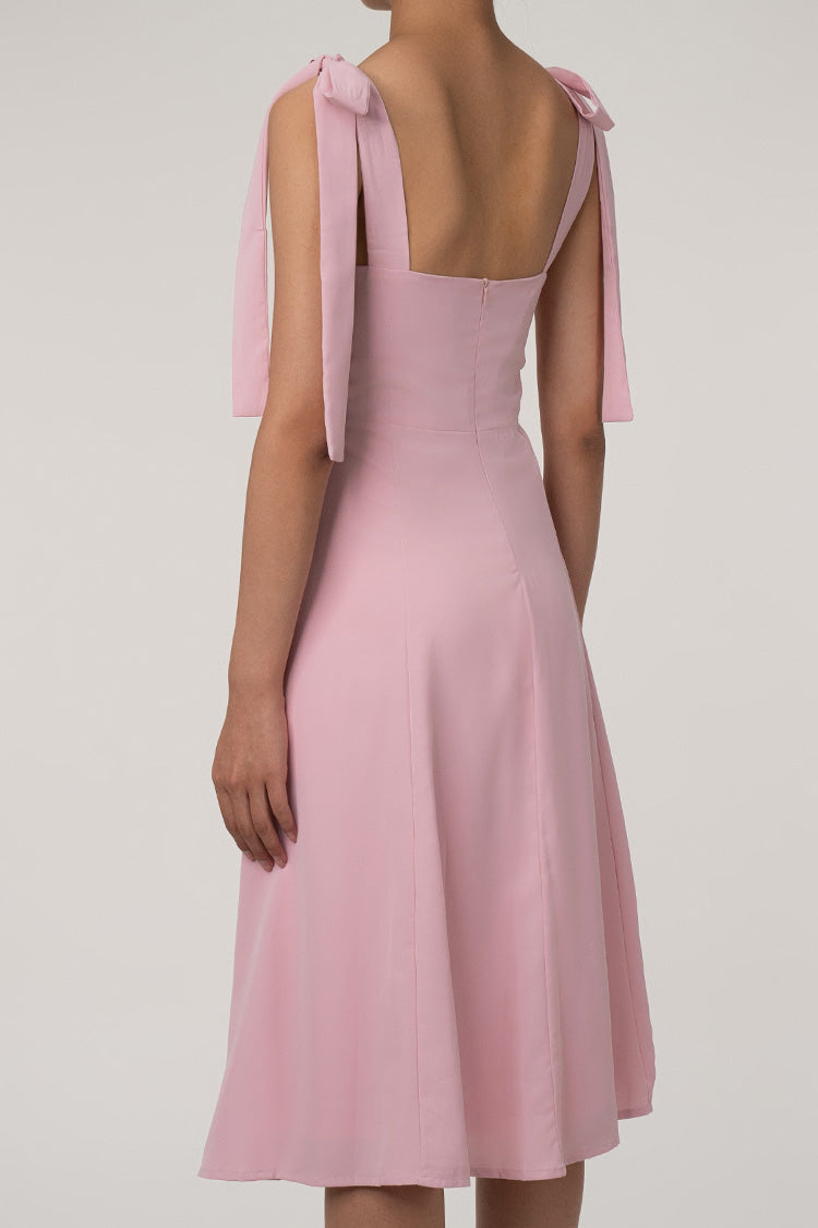 Tie Strap Fit & Flare High Slit Slip Midi Dress - Pink - Fashionpara