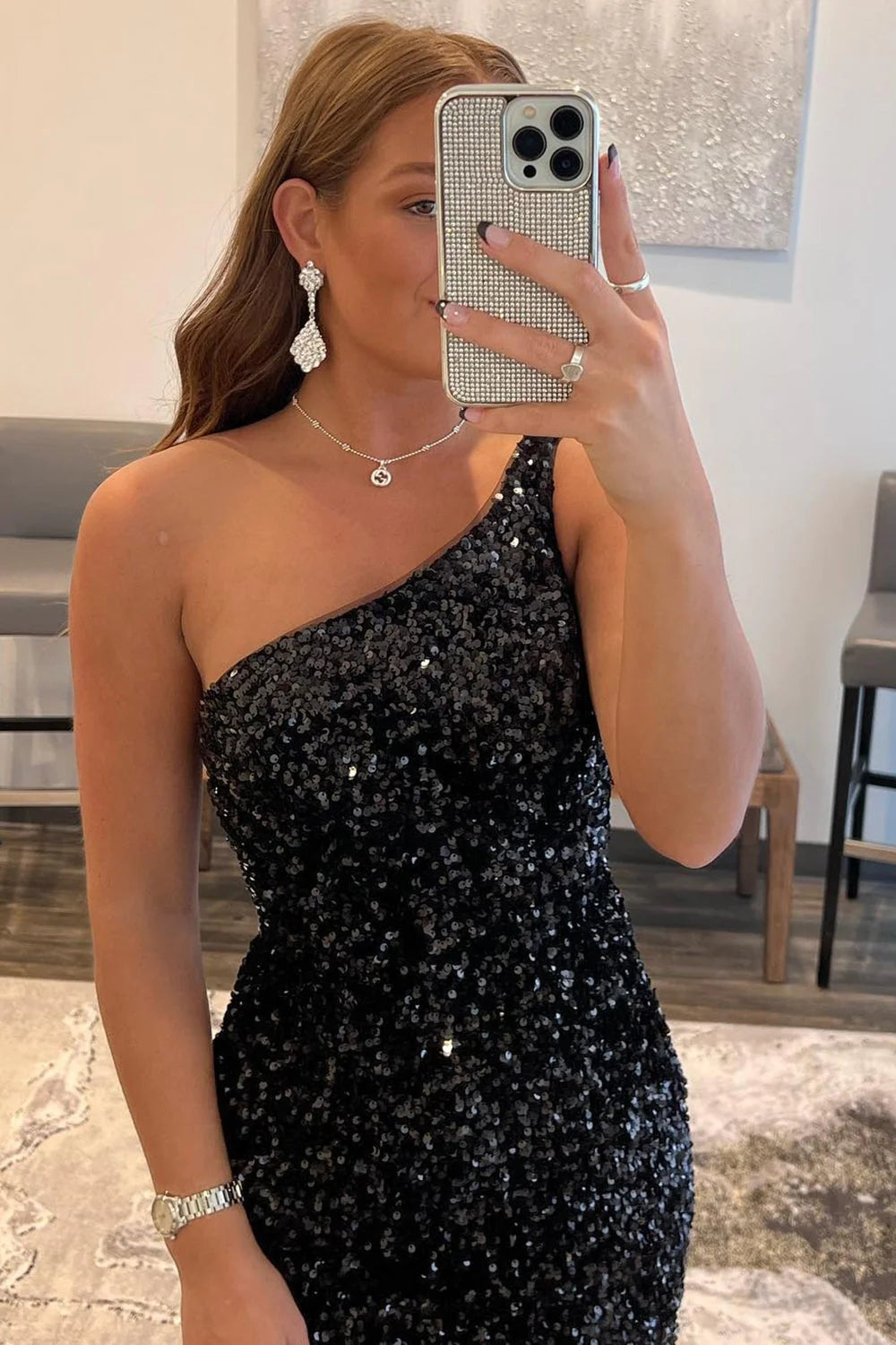 Tight Sequined One-Shoulder Homecoming Dress