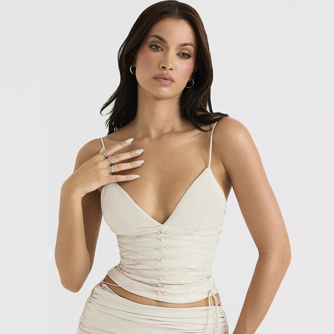 Trendy Lace Up Vegan Leather Deep V Tank Crop Top - Ivory - Fashionpara