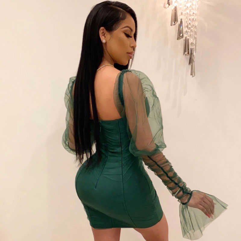 Puff Sleeve Bustier Bodycon Party Mini Dress - Emerald Green - Fashionpara