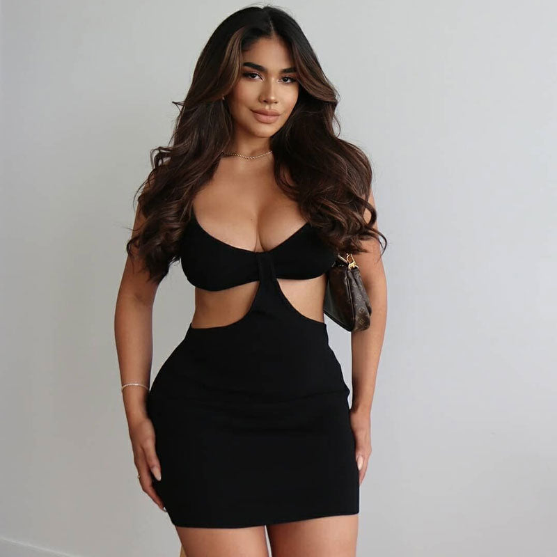 Ribbed Deep V Neck Cut Out Party Mini Dress - Black - Fashionpara